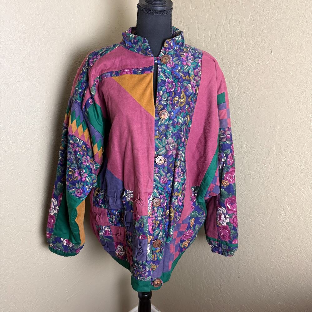 Women’s Patchwork Floral Colorblock Button Front Jacket Multicolor Boho Artsy